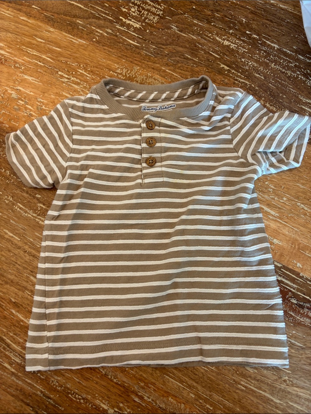 Tommy Bahama Kids Tan & White Striped Henley Tee with Button Placket